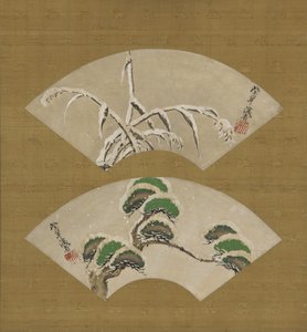 范雪皑皑的草和积雪松树枝 作者 绪方贤三